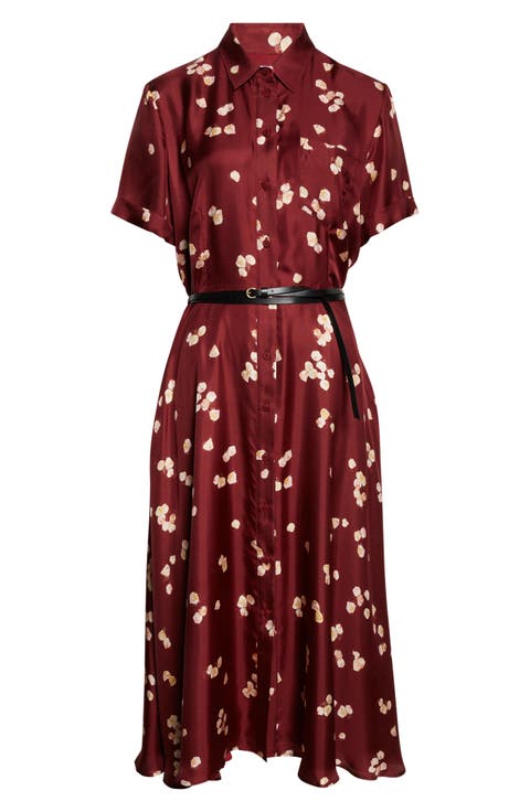 Kiera Petal Print Belted Silk Shirtdress