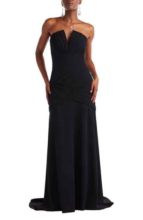 Pleated Notched Strapless Gown