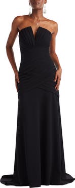 Tadashi Shoji Pleated Notched Strapless Gown