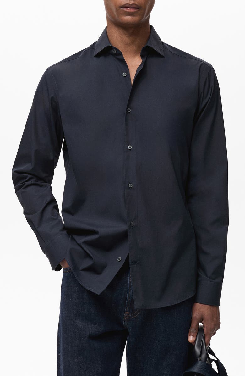MANGO Regular Fit Solid Cotton Button-Up Shirt, Main, color, Dark Navy
