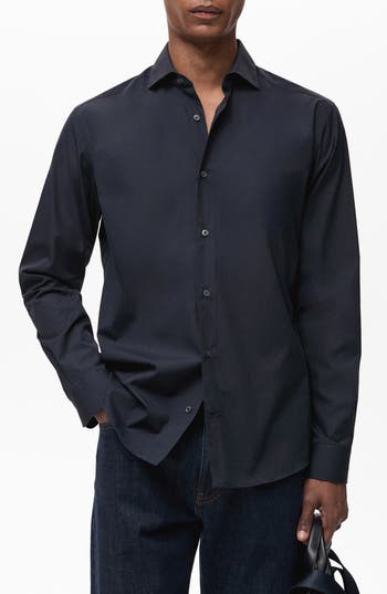 Mango Regular Fit Solid Cotton Button-up Shirt In Blue