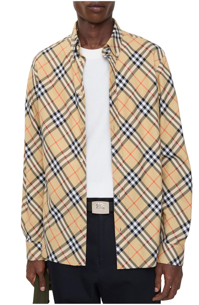 Burberry Relaxed Fit Check Cotton Flannel Shirt, Main, color, Sand Beige
