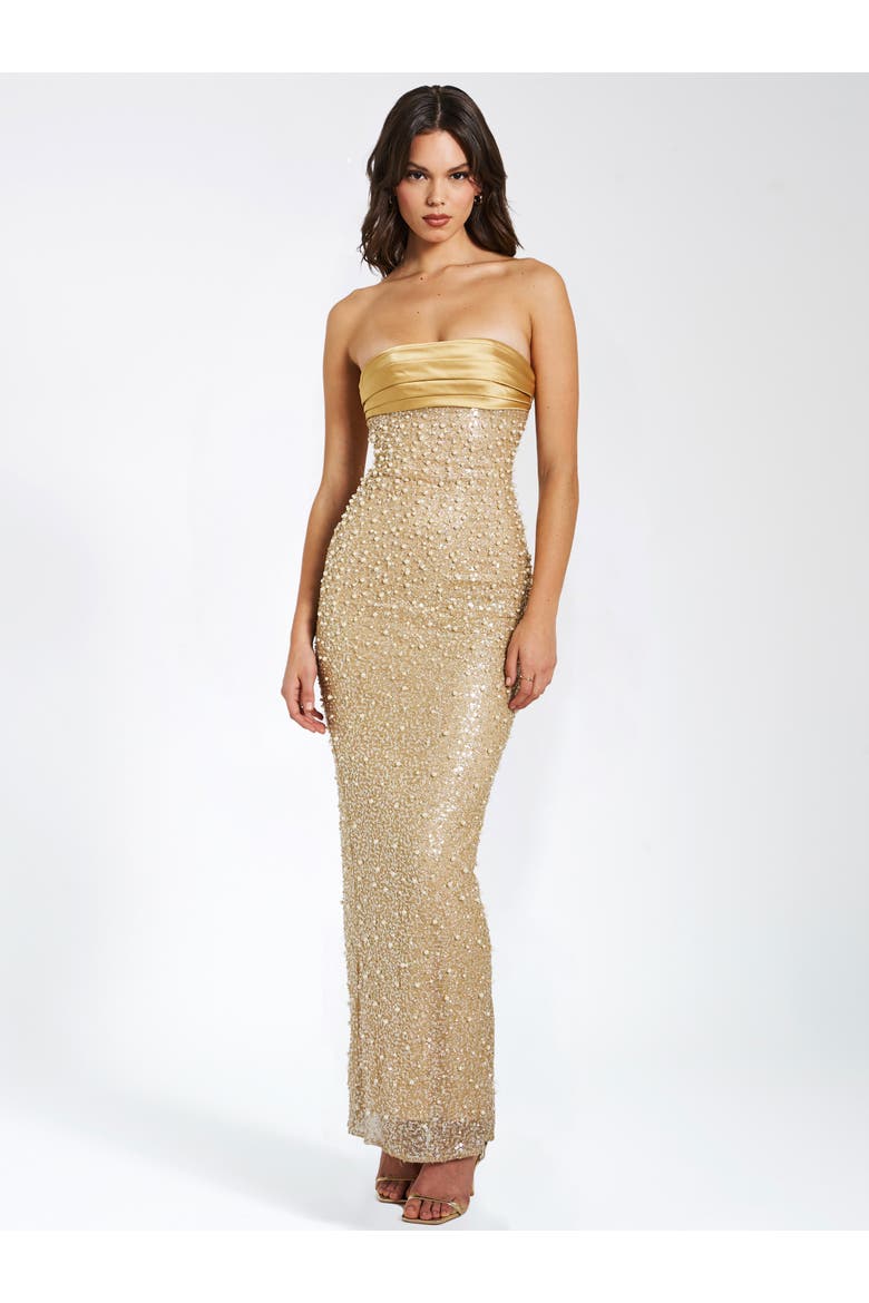 Lainey Pearl Beaded Satin Sequin Strapless Maxi Gown, Alternate, color, Gold
