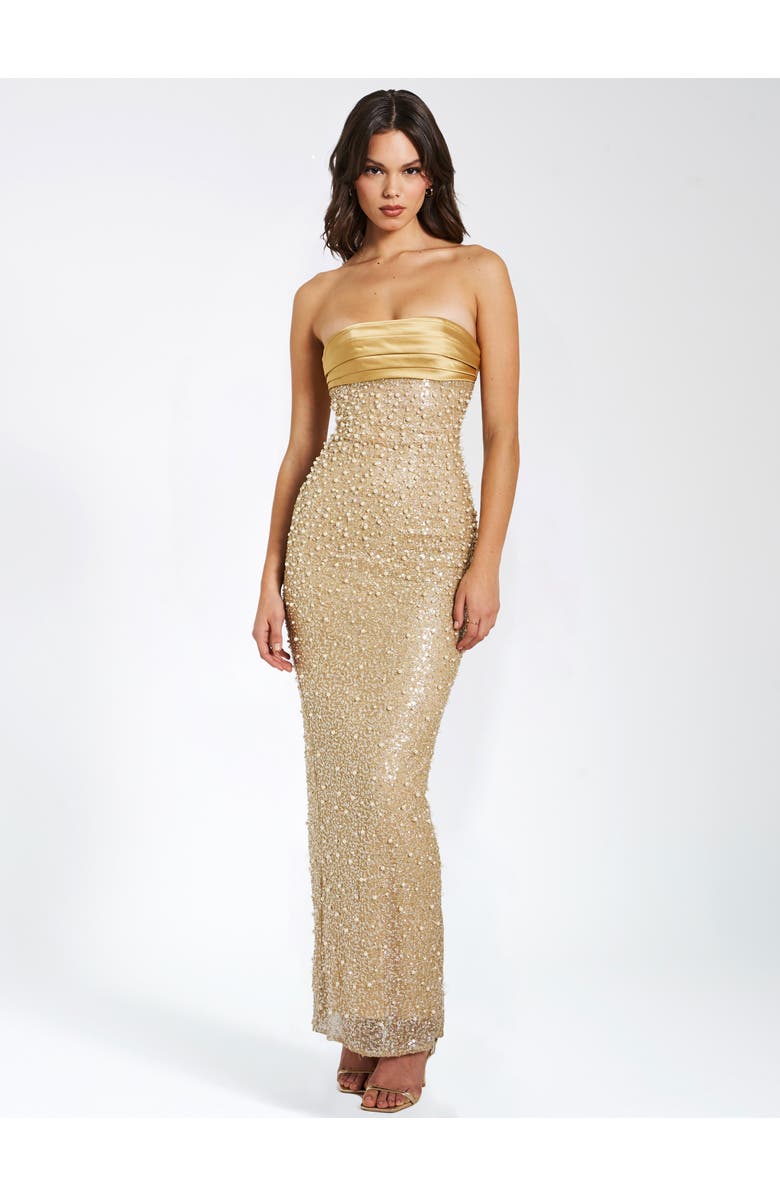 Miss Circle Lainey Pearl Beaded Satin Sequin Strapless Maxi Gown, Alternate, color, Gold