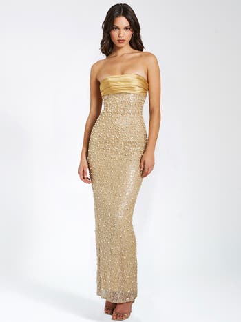 Lainey Pearl Beaded Satin Sequin Strapless Maxi Gown