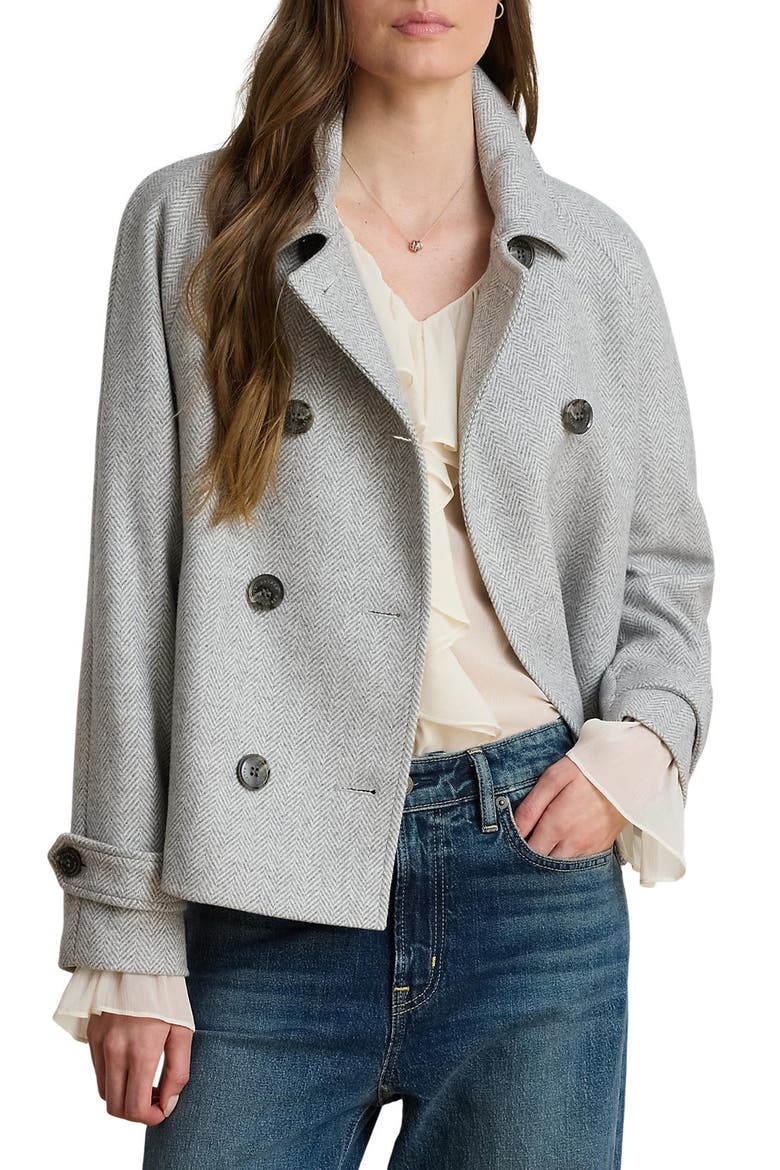 Double Breasted Wool Blend Crop Coat, Main, color, CREAM/ GREY HERRINGBONE