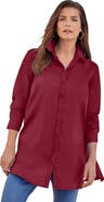 Roaman's Kate Long-Sleeve Crisp Cotton-Blend Button-Front Tunic