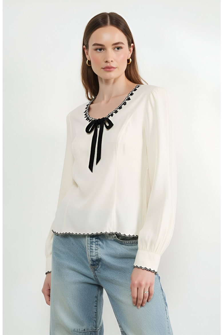 Embroidered Blouse with Velvet Bow, Alternate, color, Cream / Off-White