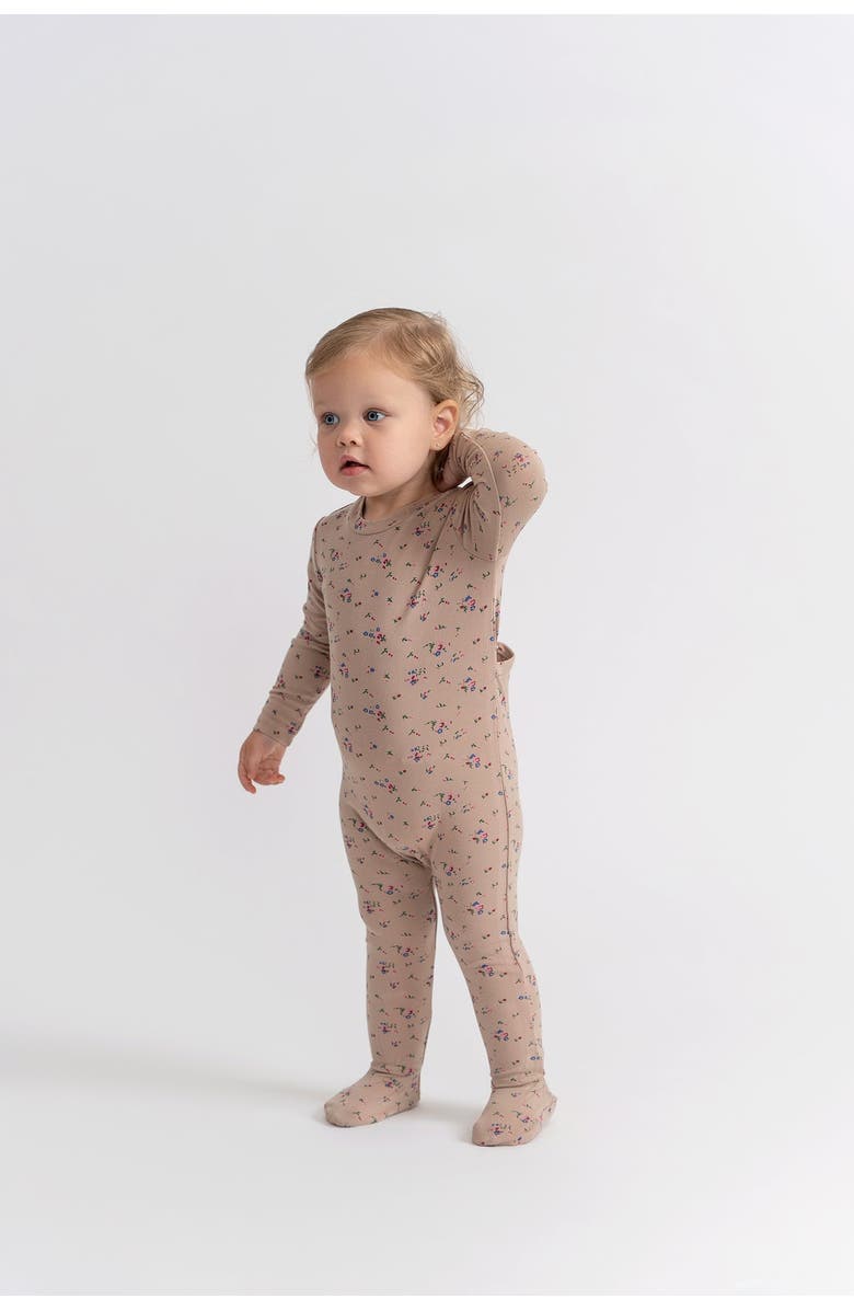 Space Grey Center Back Snap Floral printed Romper, Alternate, color, Beige