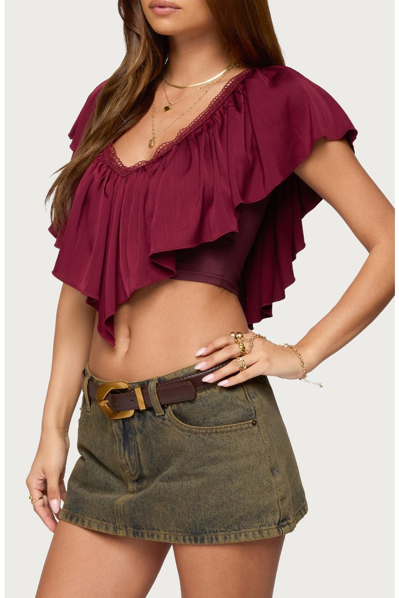 Deena Ruffle V-Neck Top, Alternate, color, BURGUNDY