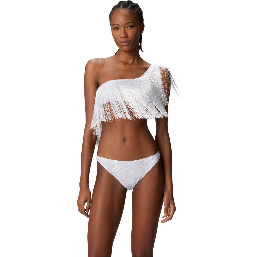 Missoni One-shoulder Zigzag Lamé Viscose Bikini With Fringes In White