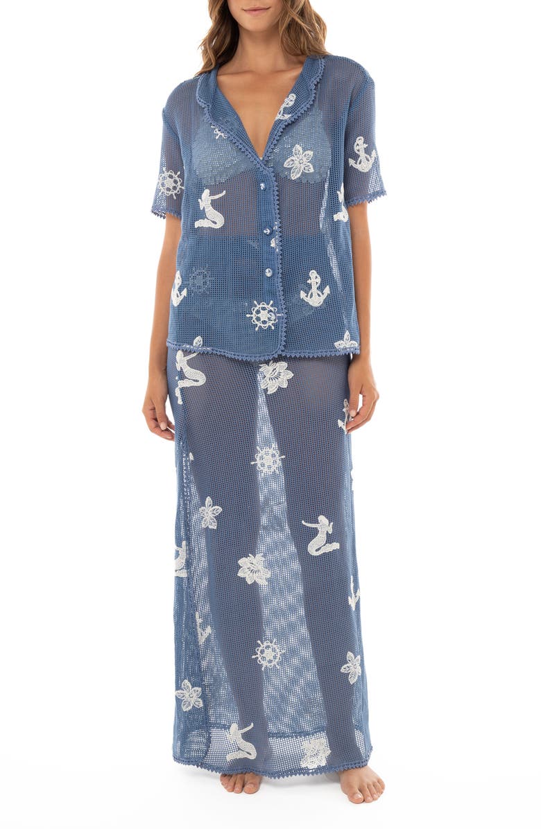 Agua Bendita Axel Kai Crochet Trim Sheer Cotton Cover-Up Button-Up Shirt, Main, color, Blue Nautical