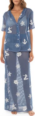 Agua Bendita Axel Kai Crochet Trim Sheer Cotton Cover-Up Button-Up Shirt