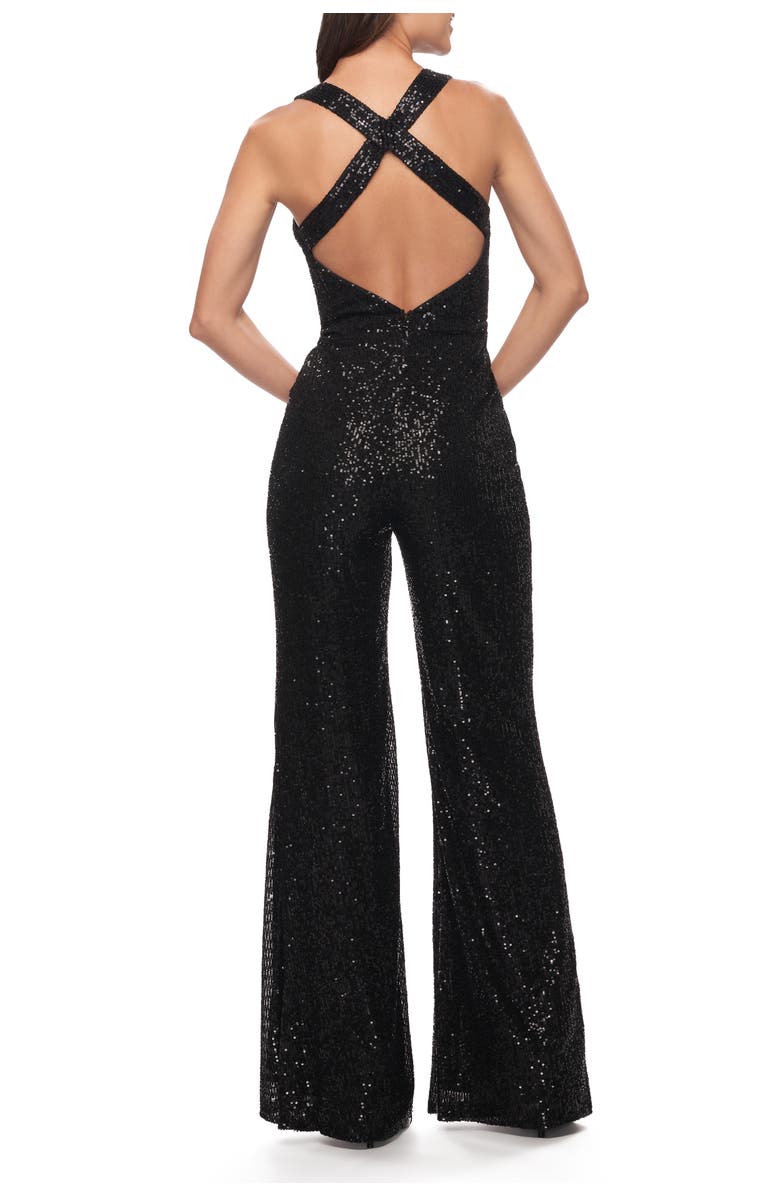 La Femme Long Sequin Jumpsuit with Criss Cross Back, Alternate, color, Black
