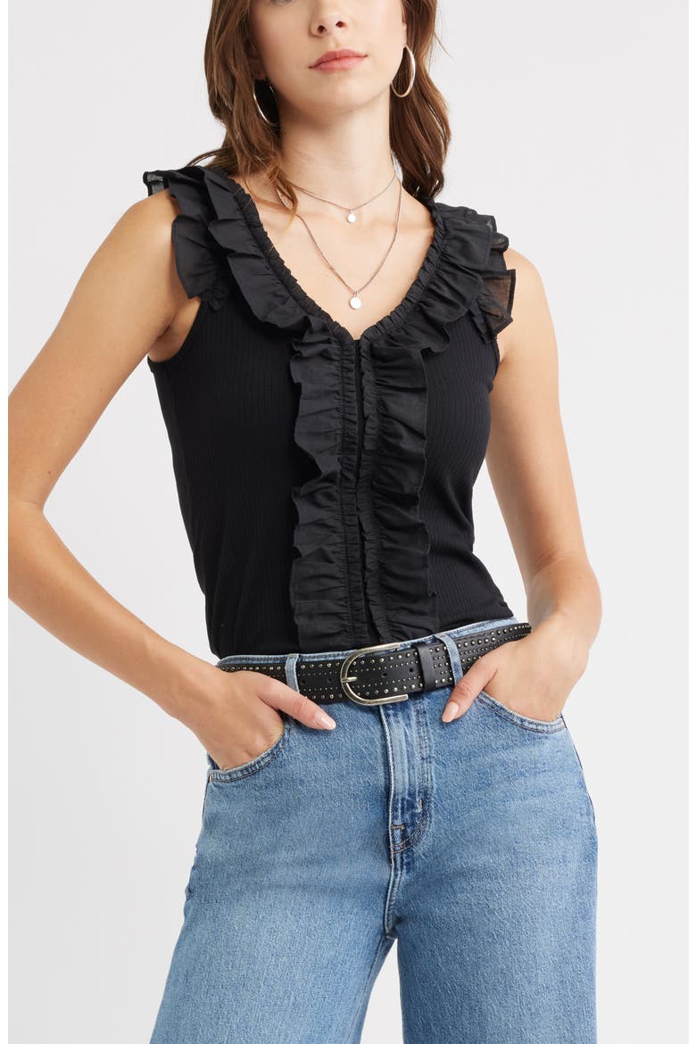 Ruffle Trim Cotton Blend Tank, Main, color, BLACK
