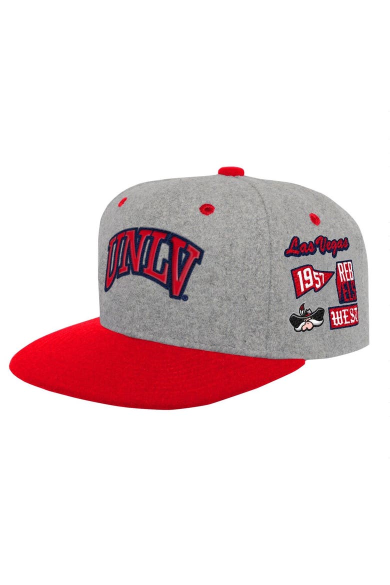 Youth Mitchell & Ness Heather Gray/Scarlet UNLV Rebels Melton Patch Snapback Hat, Main, color, Gray