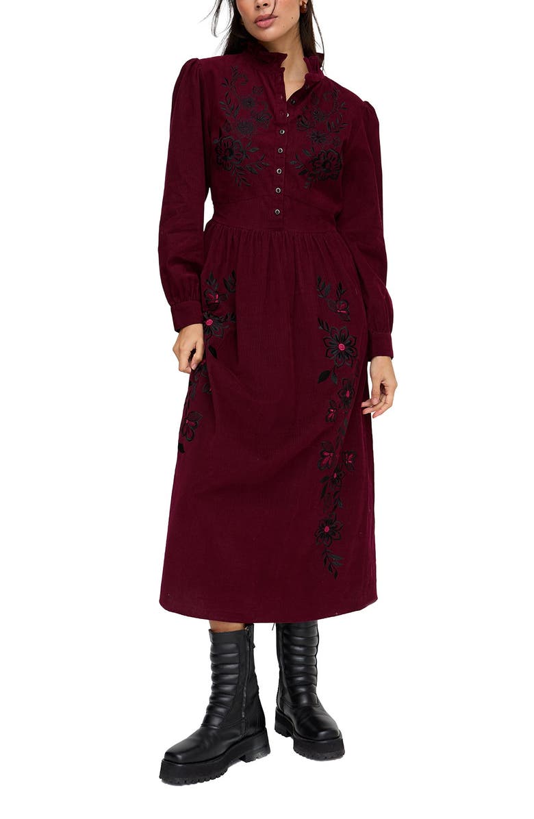 Raffya Puglia Corduroy Midi Dress, Main, color, Burgundy
