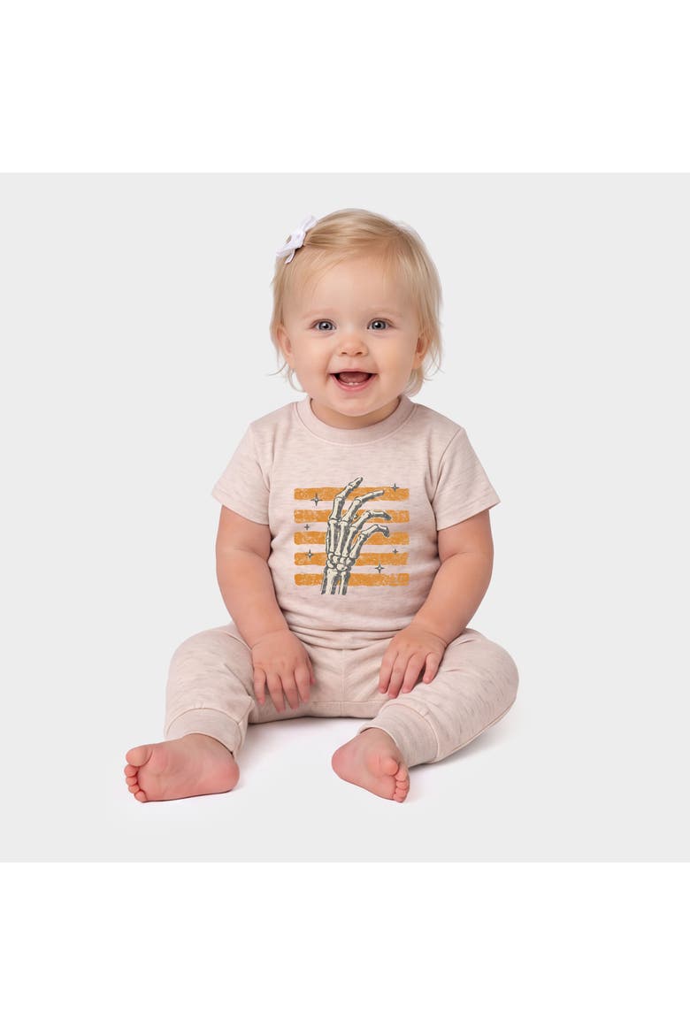 Skeleton Hand Stripes Jogger Pant Crew Set Baby, Main, color, Oatmeal