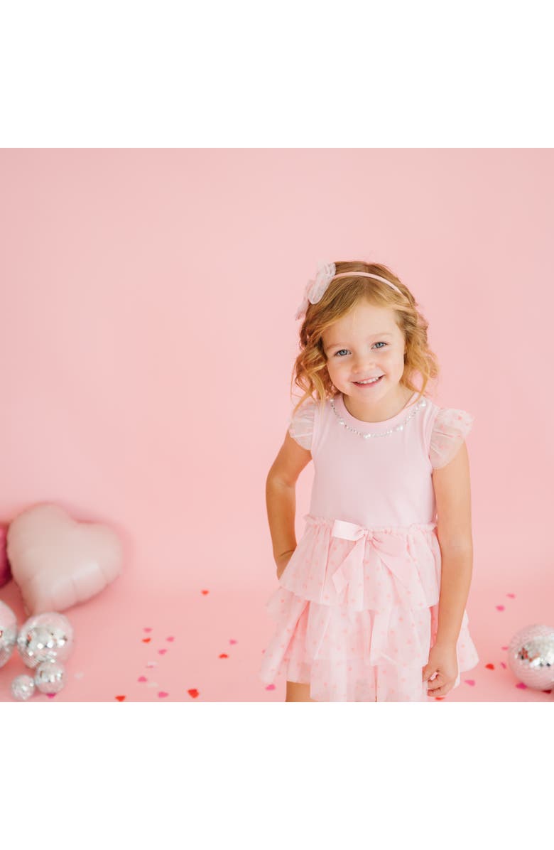 Sweet Wink Flocked Heart Valentine's Day Tiered Short Sleeve Tutu Dress, Alternate, color, Soft Pink