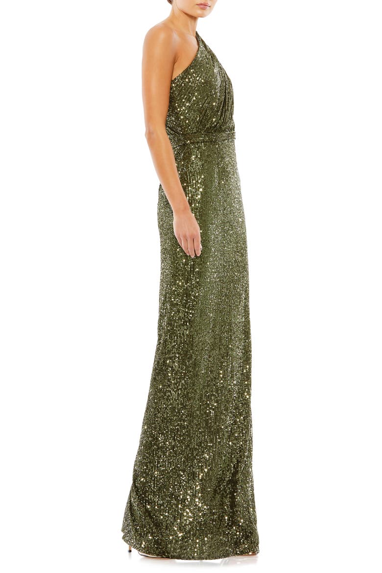 Women’s One Shoulder Ruched Sequin Evening Gown, Alternate, color, OLIVE