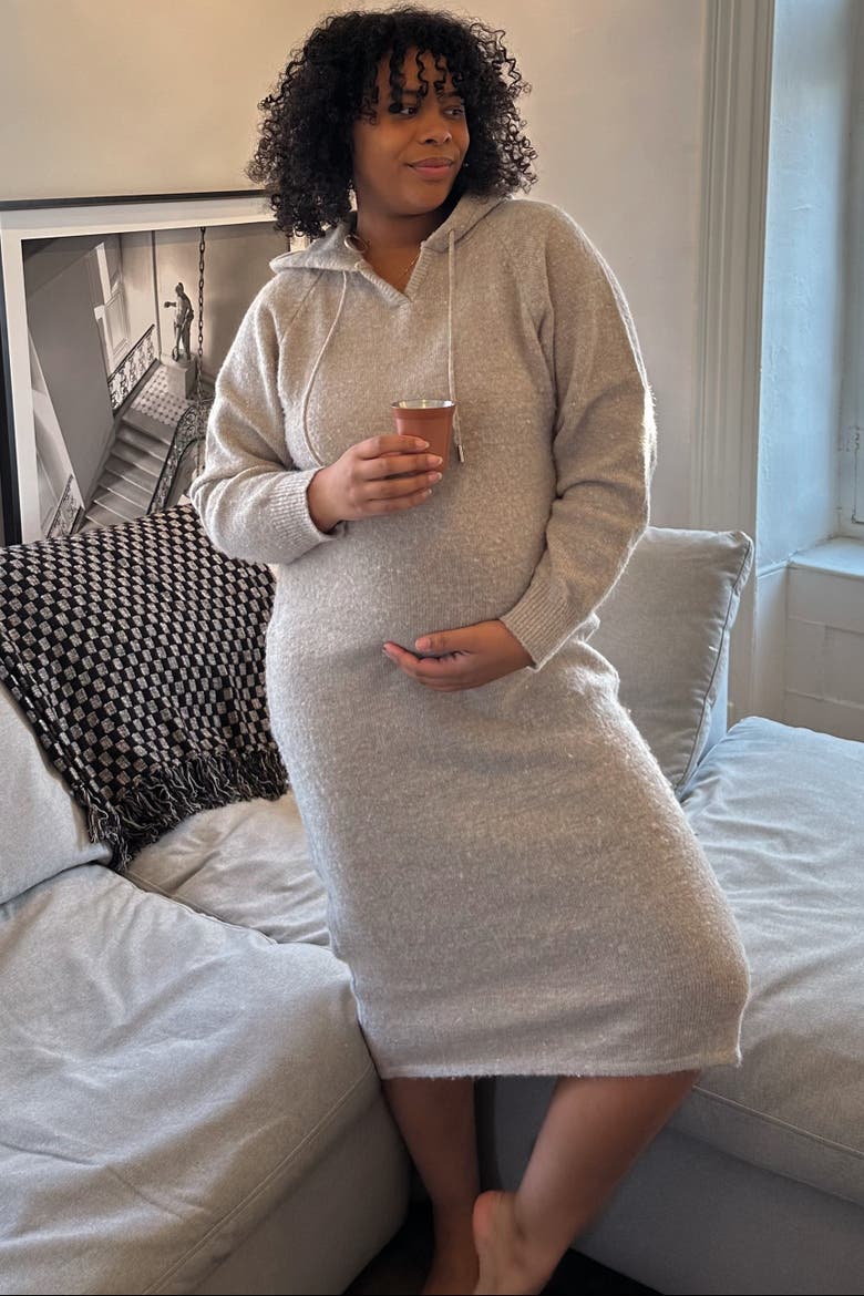 Hooded Sweater Midi Dress, Alternate, color, Beige