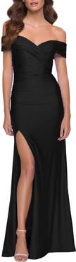 La Femme Off the Shoulder Chic Jersey Gown with Ruching