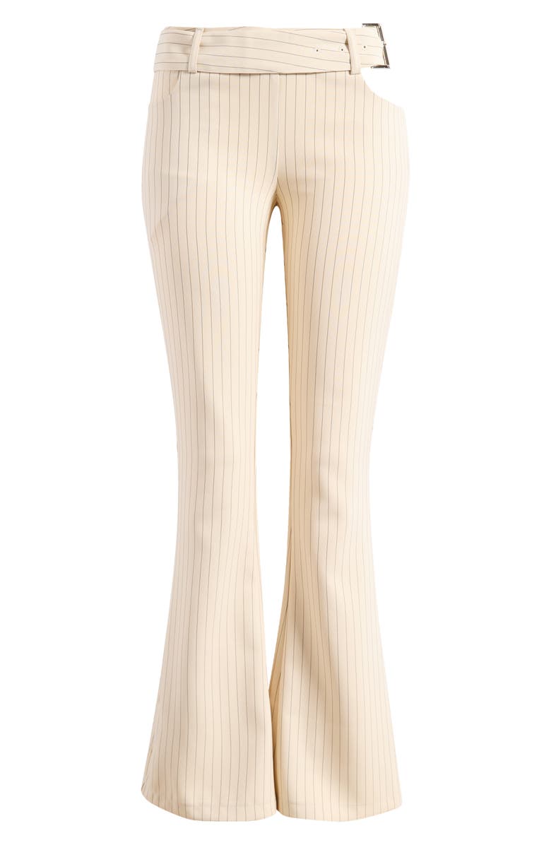 LIONESS Yves Pinstripe Cutout Belted Flare Pants, Alternate, color, Cream Pinstripe