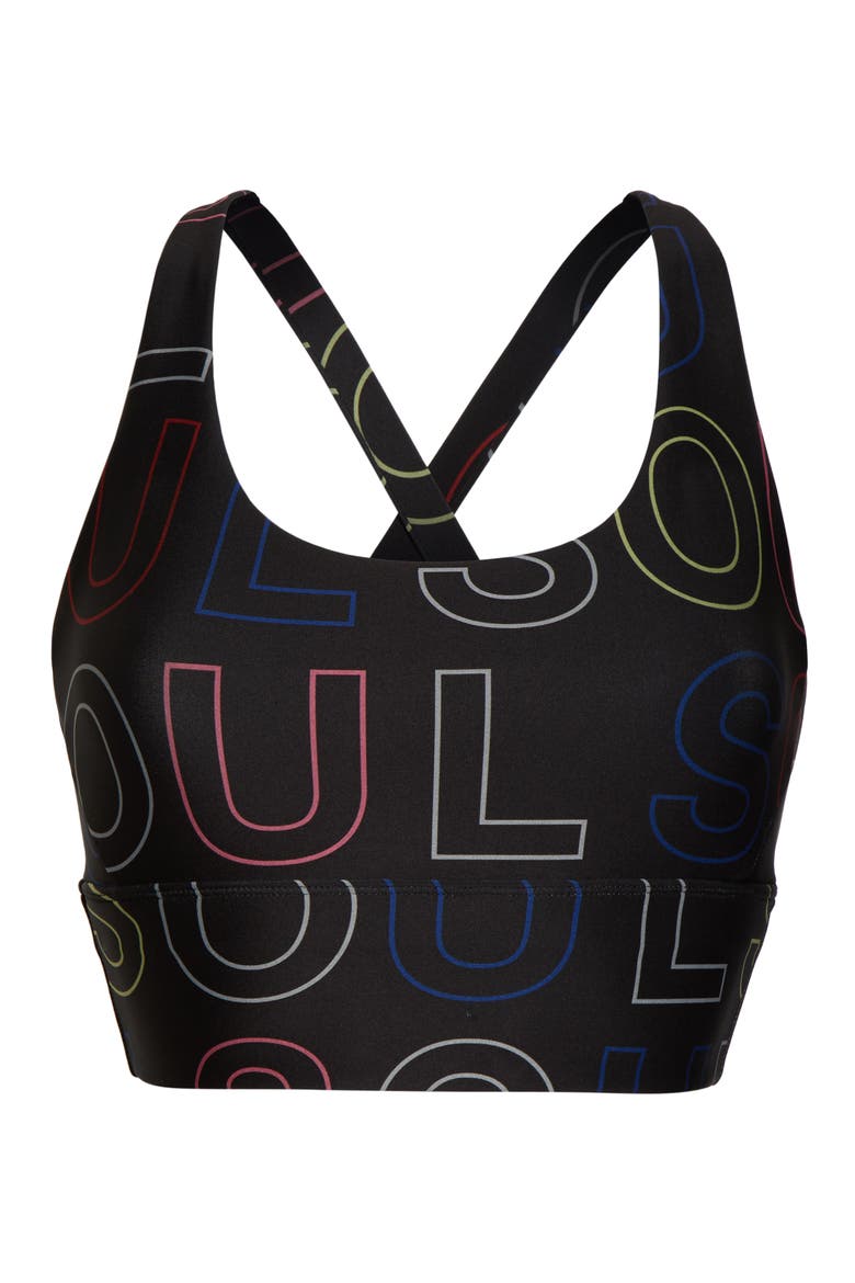 Longline Logo Sports Bra, Alternate, color, BLACK KNOCKOUT MULTI