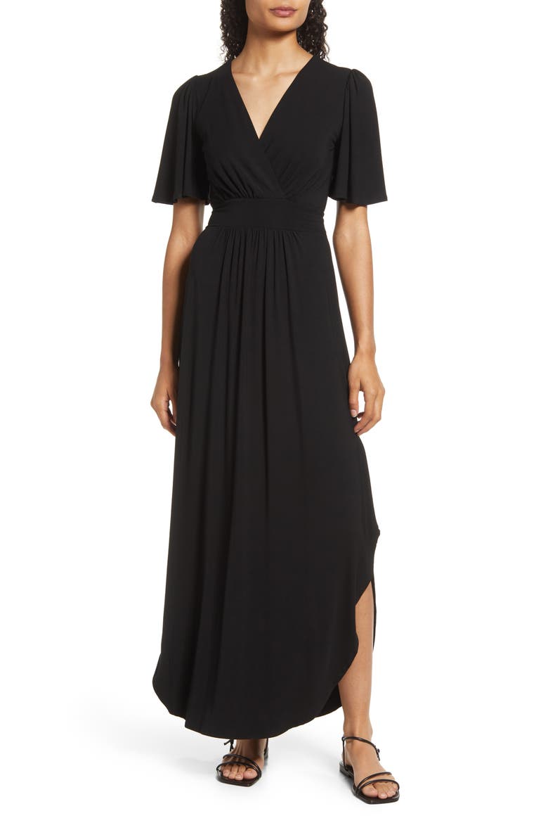 Flutter Sleeve Jersey Maxi Dress, Main, color, BLACK
