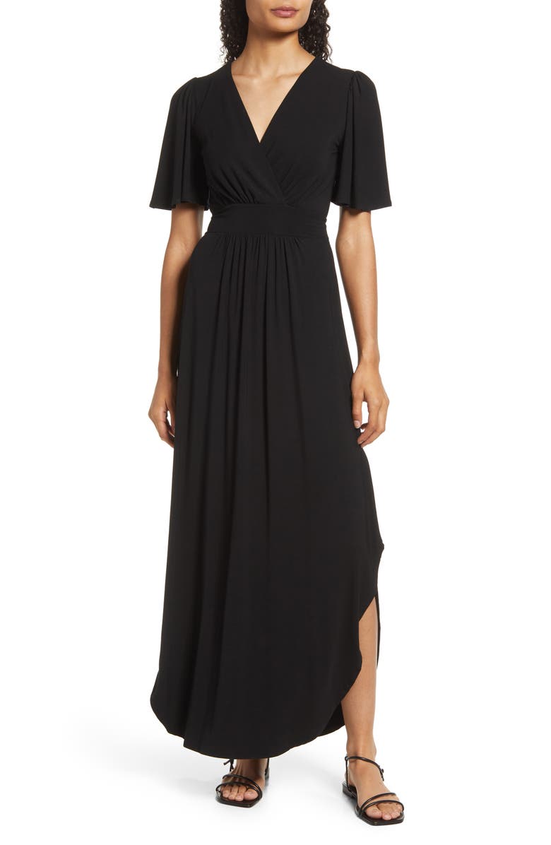 Fraiche by J Flutter Sleeve Jersey Maxi Dress, Main, color, Black