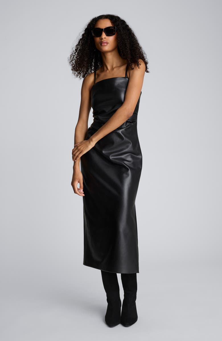 Kenneth Cole Side Pleat Faux Leather Midi Dress, Alternate, color, Black