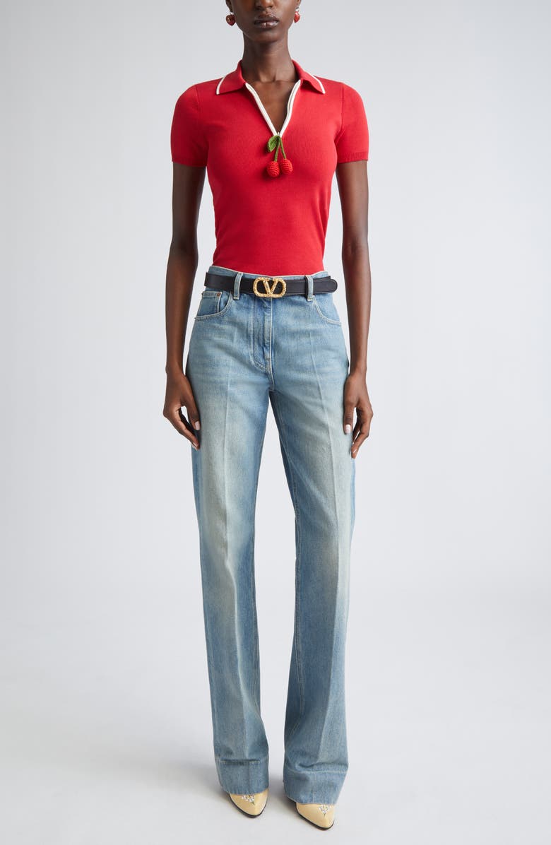 Valentino Garavani Crochet Cherry Polo Sweater, Alternate, color, Red