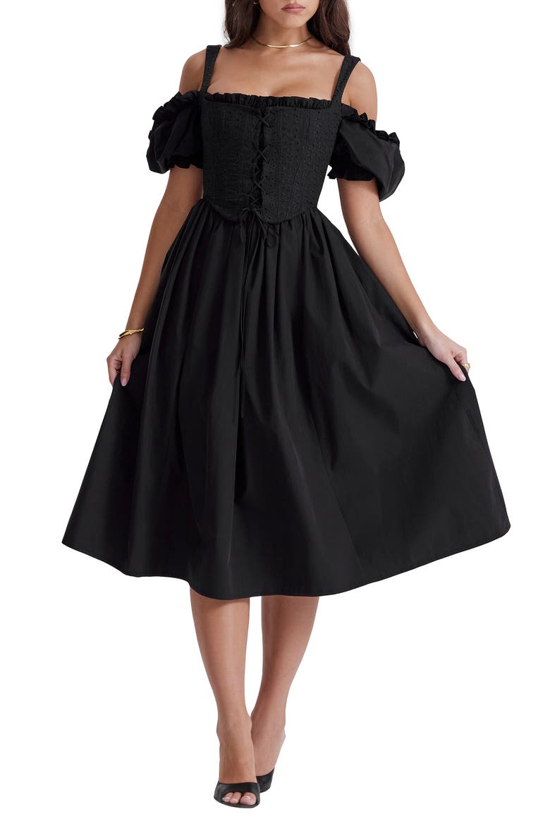 Silvana Embroidered Cold Shoulder Corset Fit & Flare Dress, Main, color, BLACK