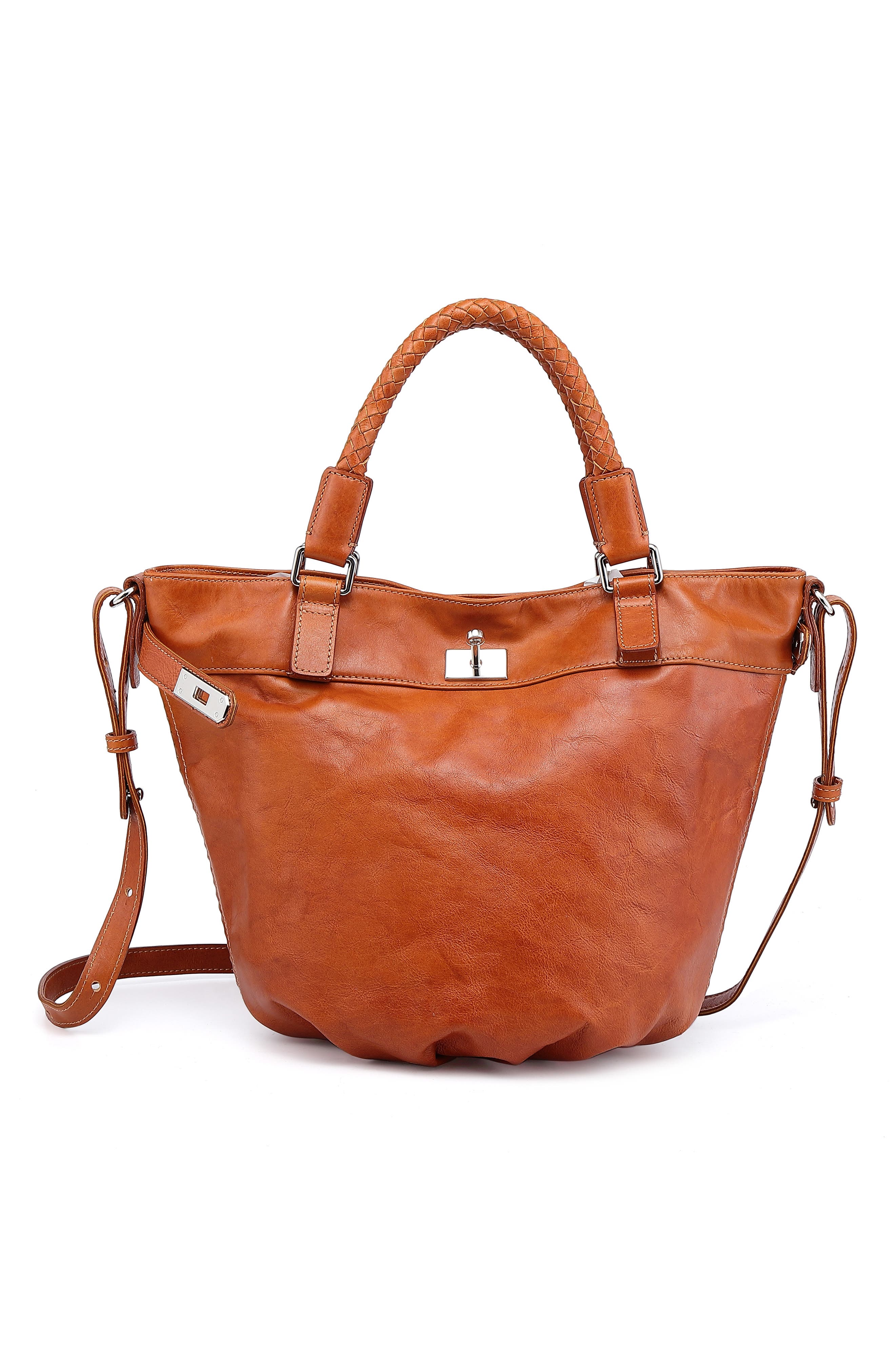 Leather Pumpkin Bucket Bag, Alternate, color, COGNAC