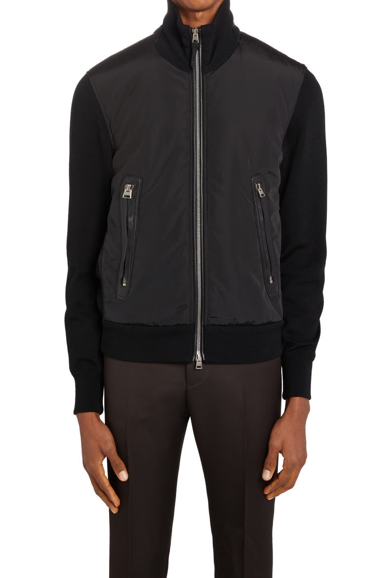 Mixed Media Funnel Neck Zip Sweater, Main, color, BLACK