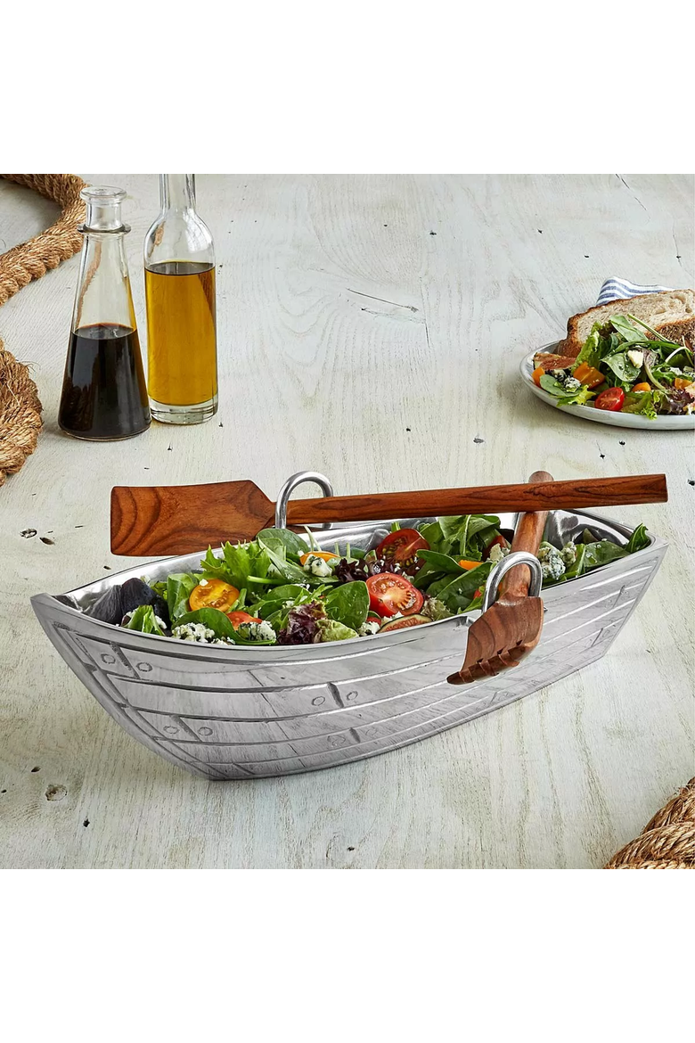 Row Boat Serving Bowl with Wood Serving Utensils, Main, color, Silver / Brown