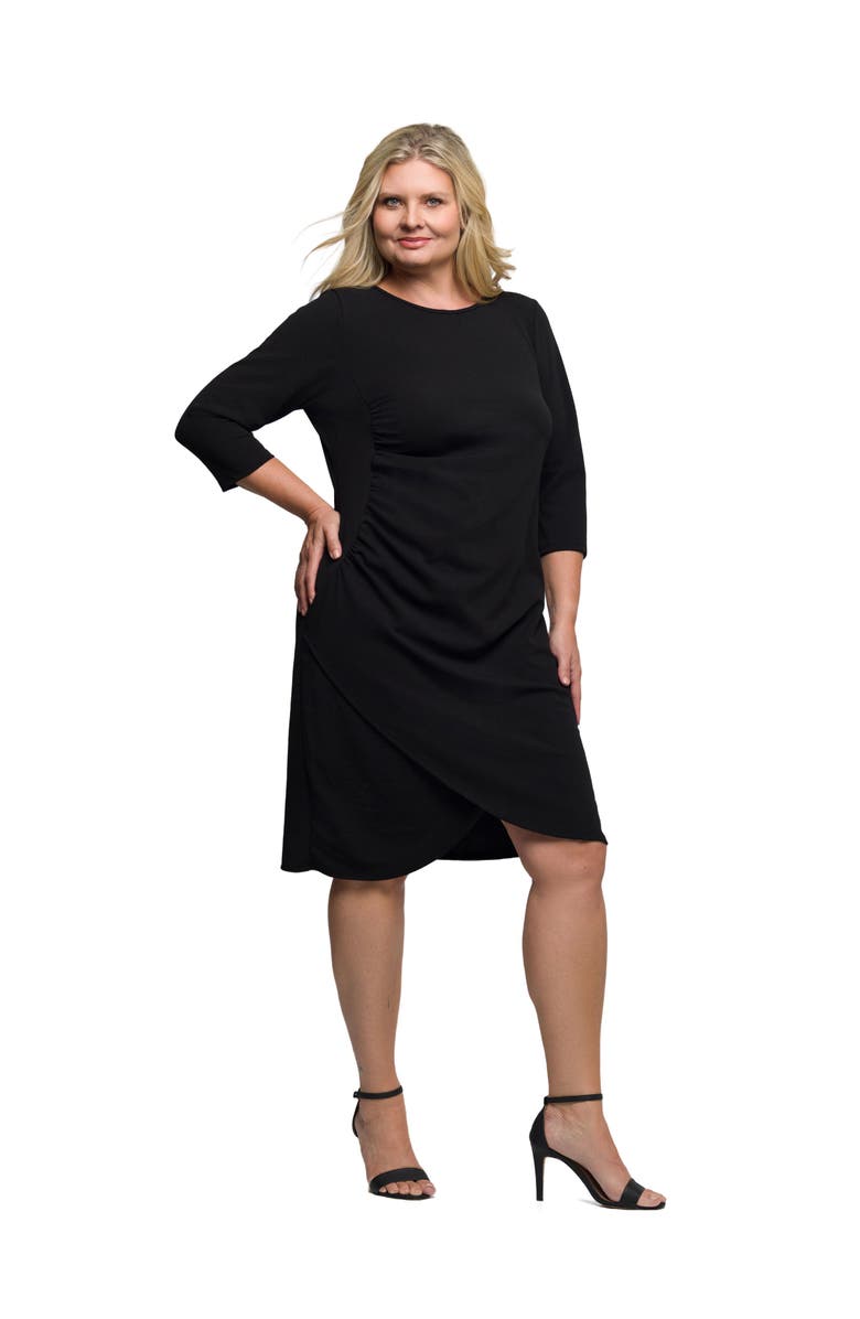 24seven Comfort Apparel Plus Size Three Quarter Sleeve Ruched Tulip Hem Mini Dress, Alternate, color, Black