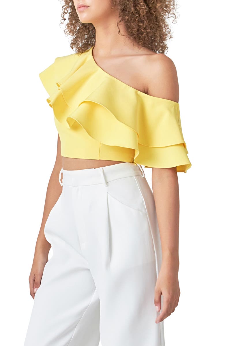 Endless Rose Ruffle One-Shoulder Crop Top, Alternate, color, Lemon