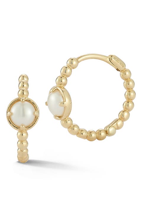 14K Gold Cultured Pearl Beaded Huggie Hoop Earrings