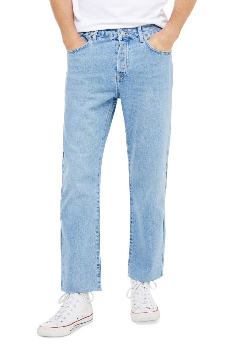 Bleach Straight Leg Raw Hem Dad Jeans, Main, color, BLUE