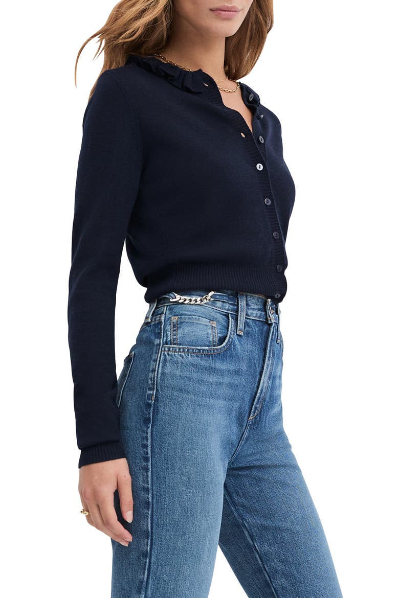 The Meet the Parents Ruffle Neck Wool Cardigan, Alternate, color, NAVY
