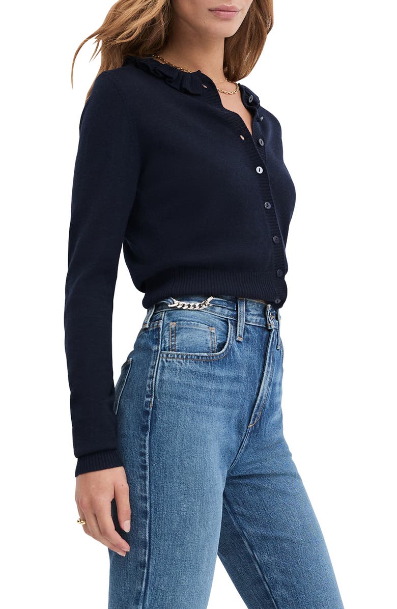 Favorite Daughter The Meet the Parents Ruffle Neck Wool Cardigan, Alternate, color, Navy