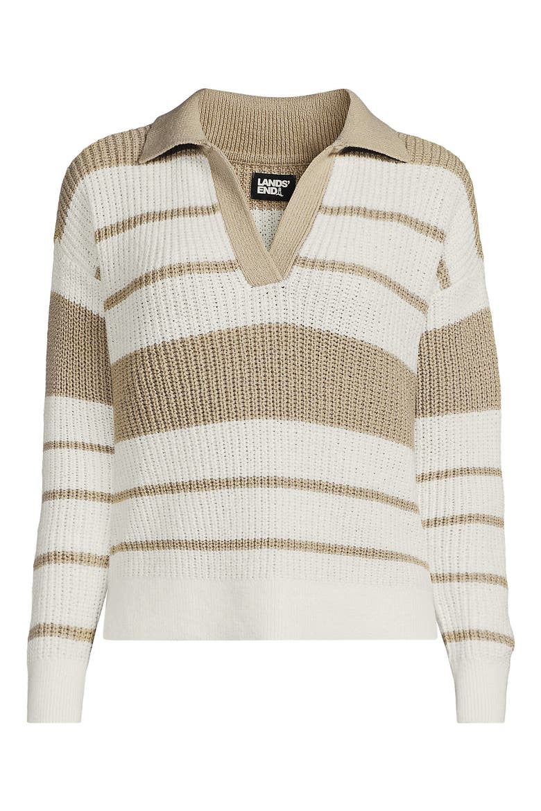 Cotton Boucle Johnny Collar Textured Sweater, Alternate, color, Ivory/Champagne Stripe