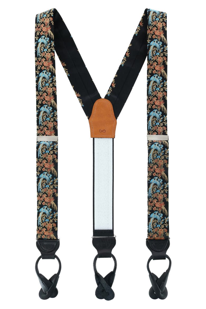 Birds of Paradise Floral Silk Suspenders, Main, color, BLACK