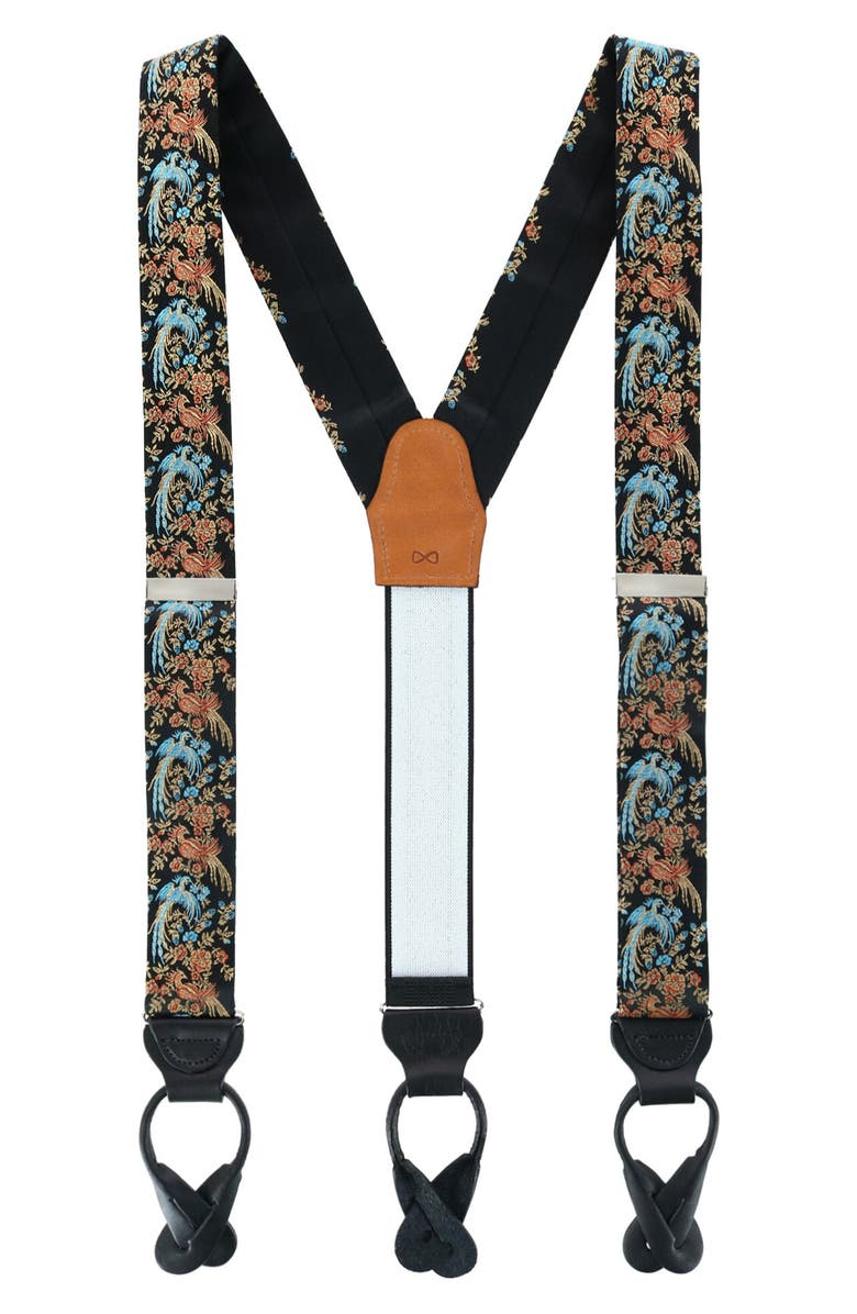 Trafalgar Birds of Paradise Floral Silk Suspenders, Main, color, Black