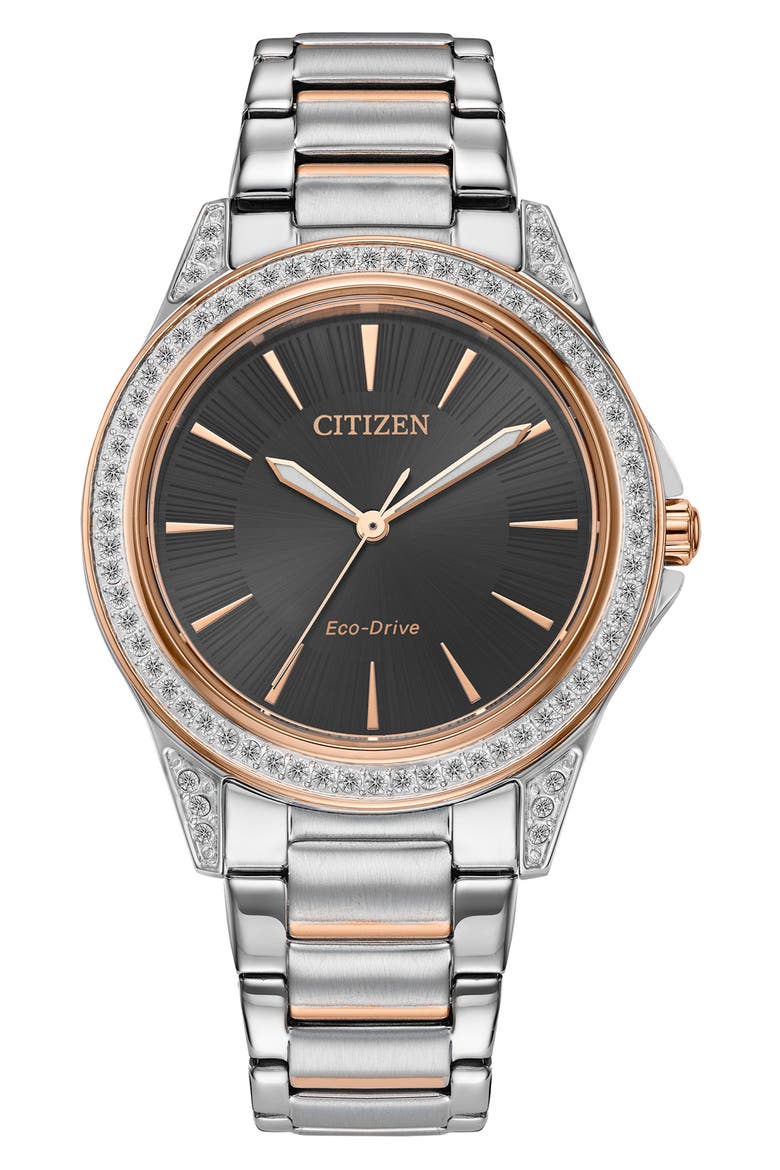Eco Drive Crystal Accent Stainless Steel Bracelet Watch, 34mm, Main, color, SILVER