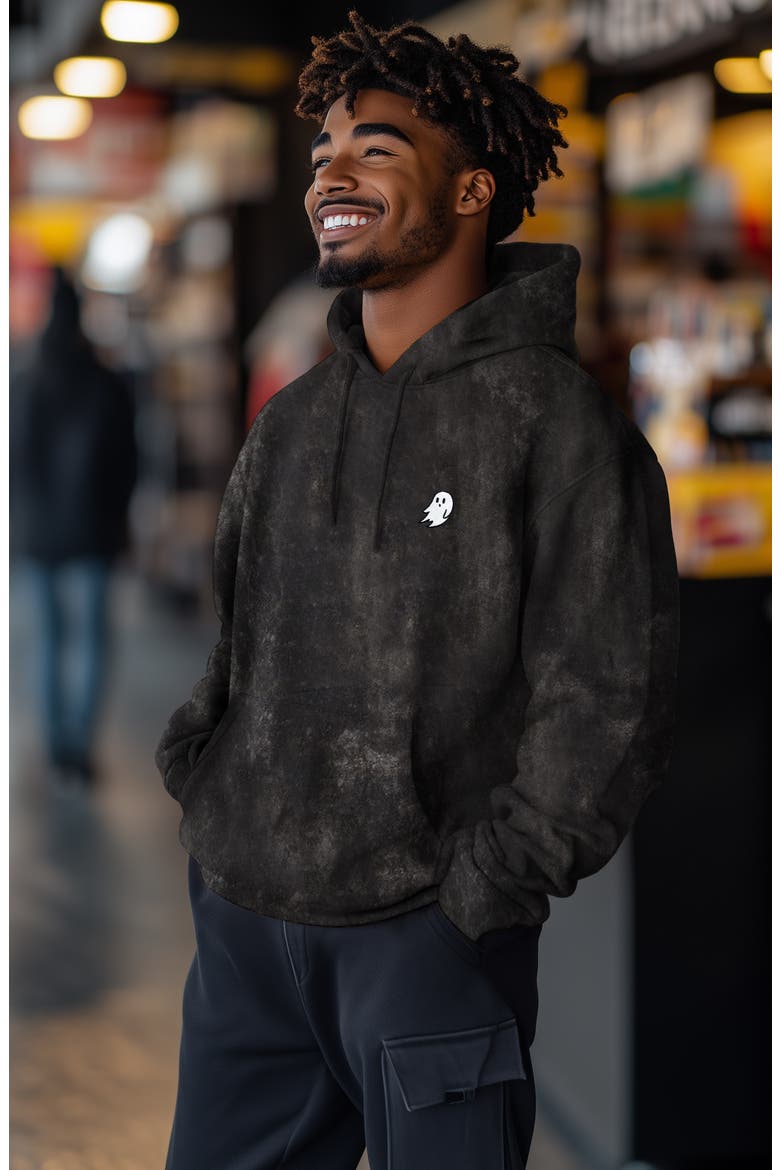 Ghost Embroidered Washed Hoodie, Alternate, color, Black