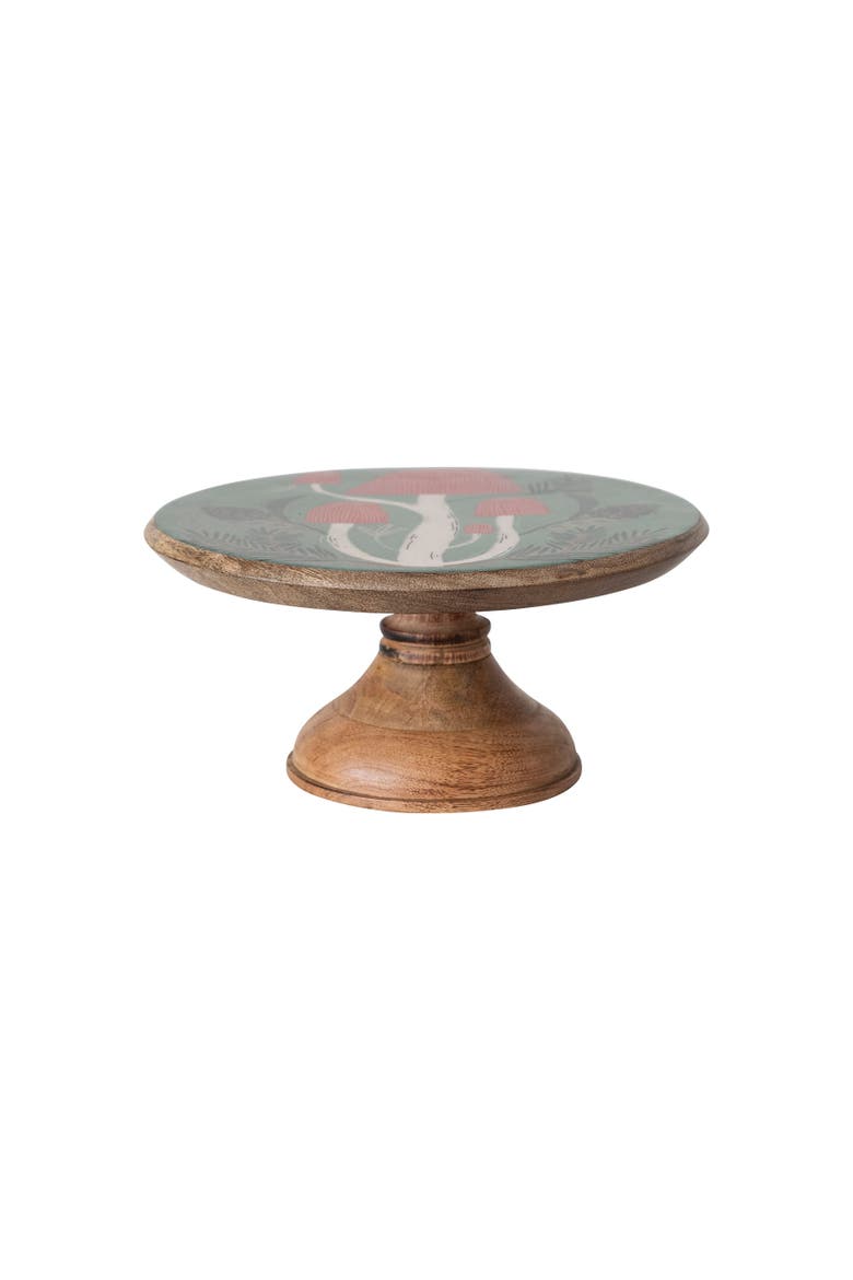 Enameled Mango Wood Pedestal with Mushrooms, Natural, Green & Red, Main, color, Natural & Green