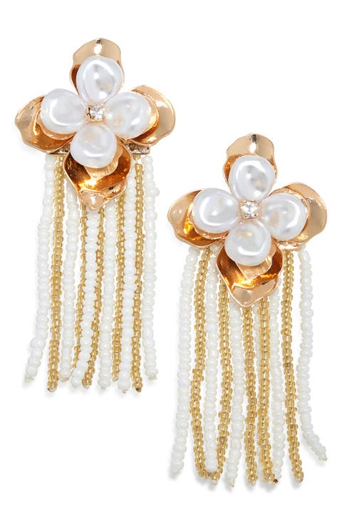 Faux Pearl Flower Fringe Earrings