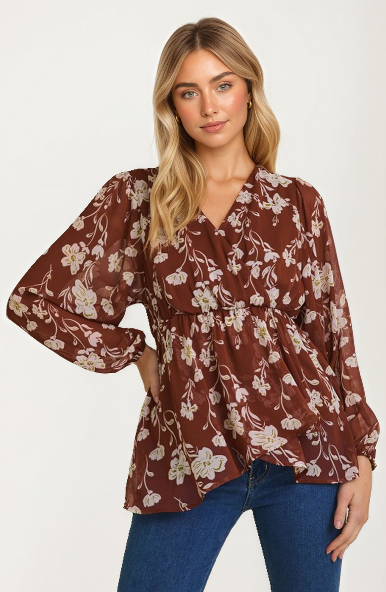 Knit and Lounge Long Sleeve Floral Empire Waist Wrap Blouse, Alternate, color, Floral Brown
